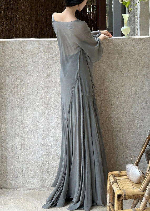 Art Gray Flowers V Neck Wrinkled Cotton Maxi Dresses Long Sleeve