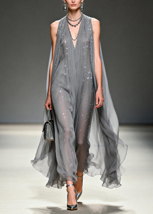 Art Grey V Neck Zircon Chiffon Long Dress Summer