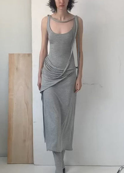 Art Grey Wrinkled Cotton Spaghetti Strap Dress Sleeveless