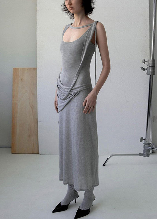 Art Grey Wrinkled Cotton Spaghetti Strap Dress Sleeveless
