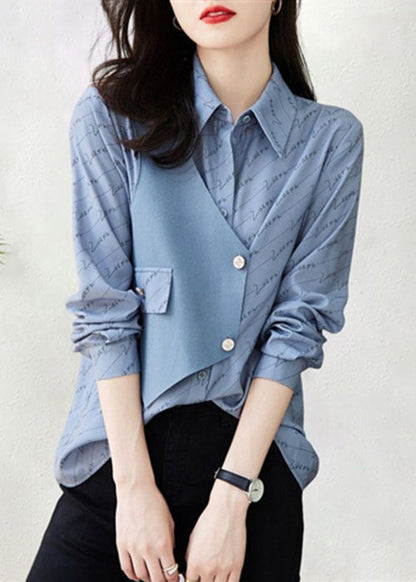 Art Khaki Asymmetrical Print Patchwork Cotton Blouse Fall