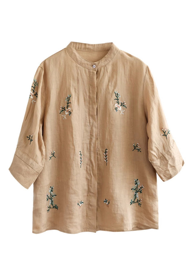 Art Khaki Embroideried Button Ramie Shirt Half Sleeve