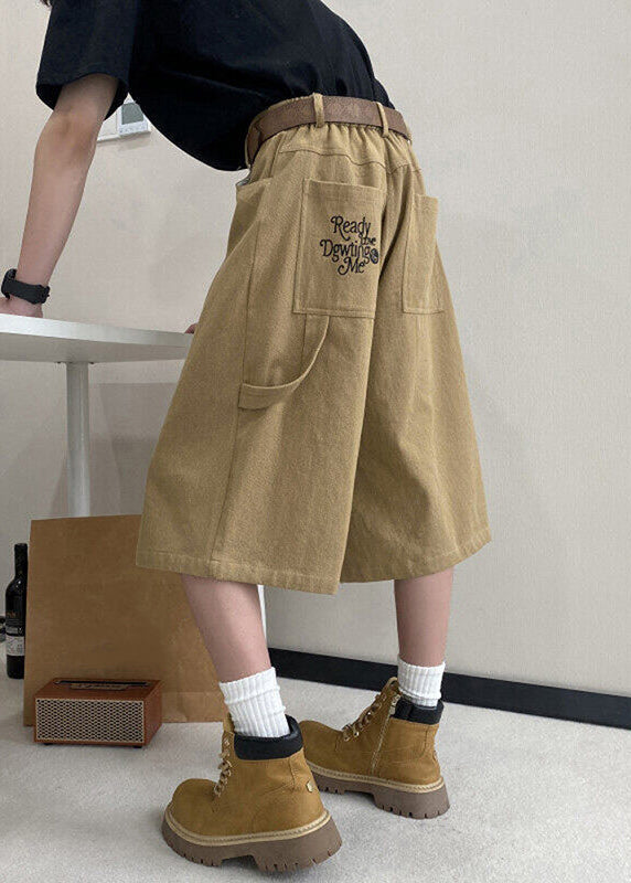 Art Khaki Letter Pockets High Waist Crop Pants Summer