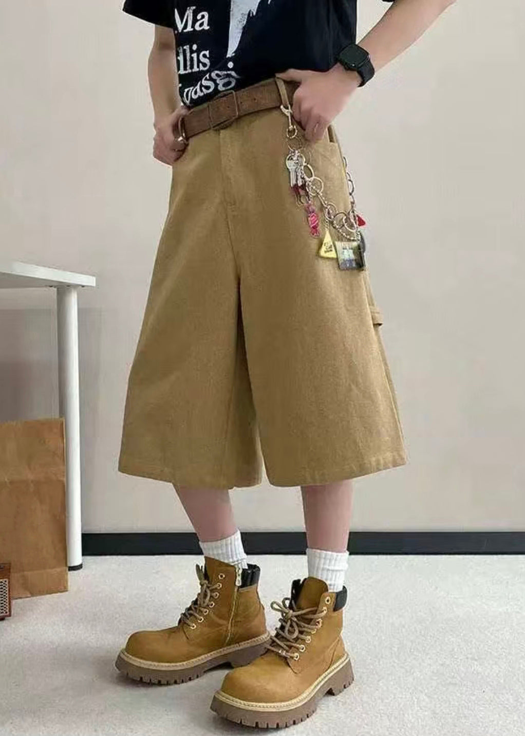 Art Khaki Letter Pockets High Waist Crop Pants Summer