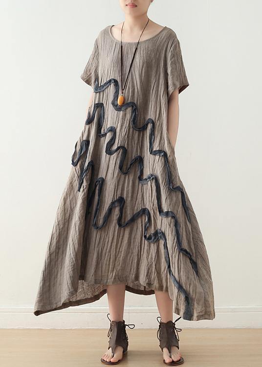 Art Khaki O-neck Linen Summer Maxi Dresses
