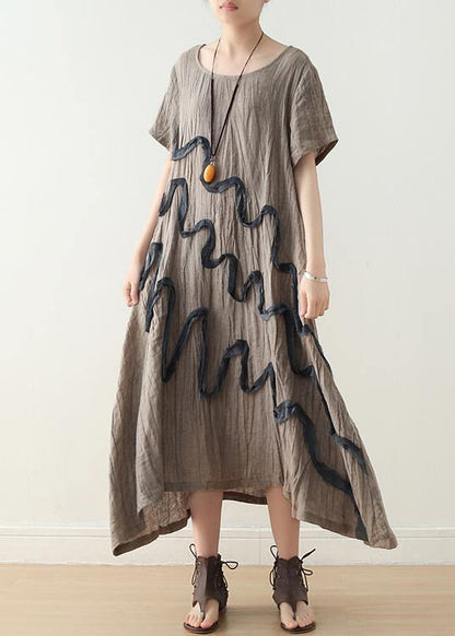 Art Khaki O-neck Linen Summer Maxi Dresses