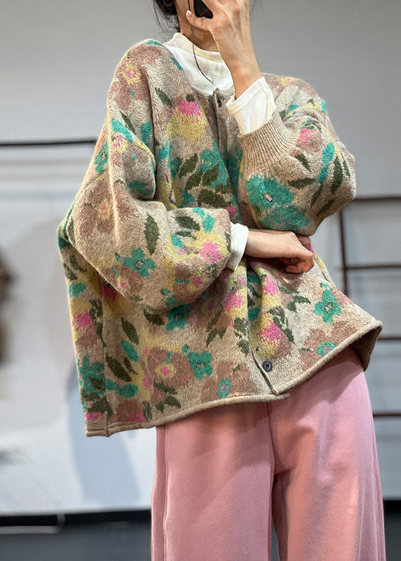 Art Khaki O-neck Oversized Print Knit Coats Winter