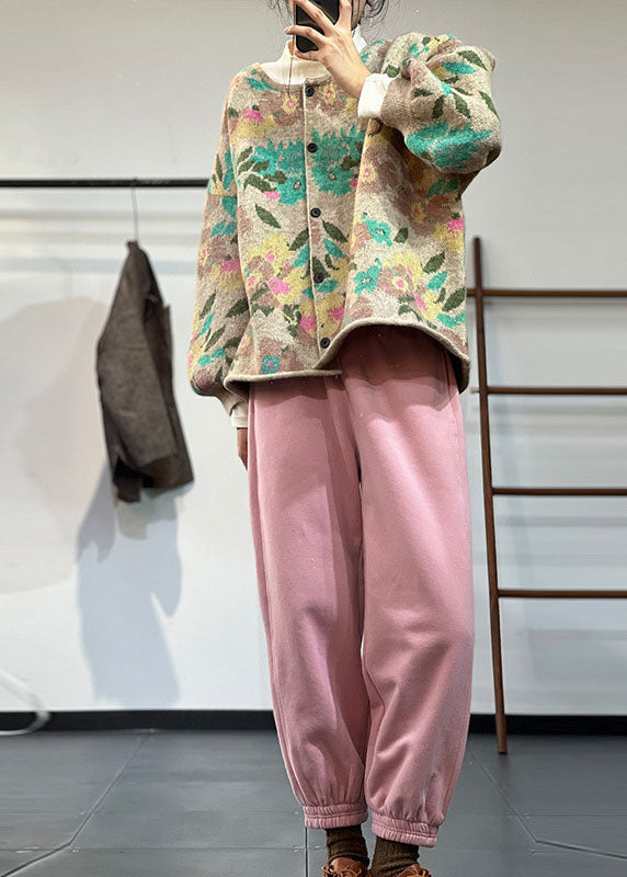 Art Khaki O-neck Oversized Print Knit Coats Winter