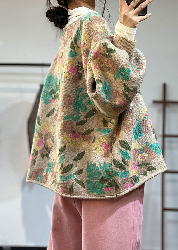 Art Khaki O-neck Oversized Print Knit Coats Winter