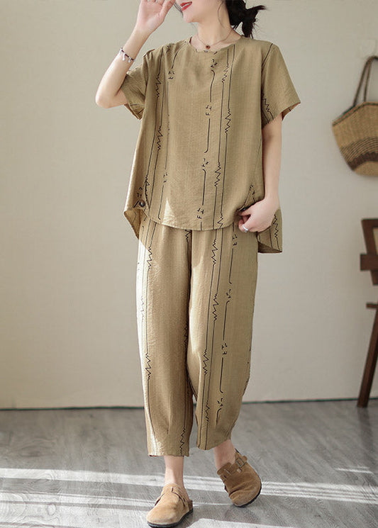 Art Khaki O-neck Print Top and Lantern Pants Two Pieces Set Summer