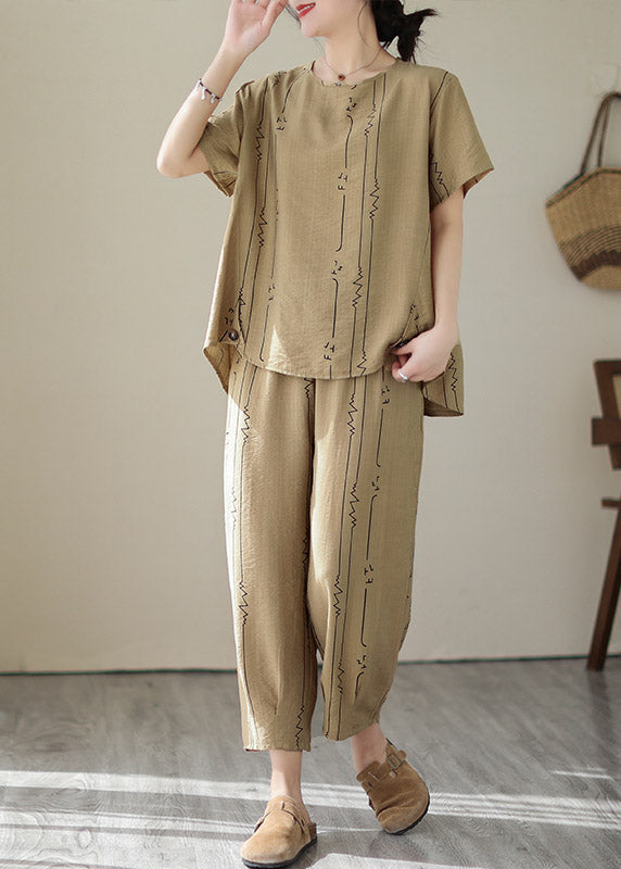 Art Khaki O-neck Print Top and Lantern Pants Two Pieces Set Summer