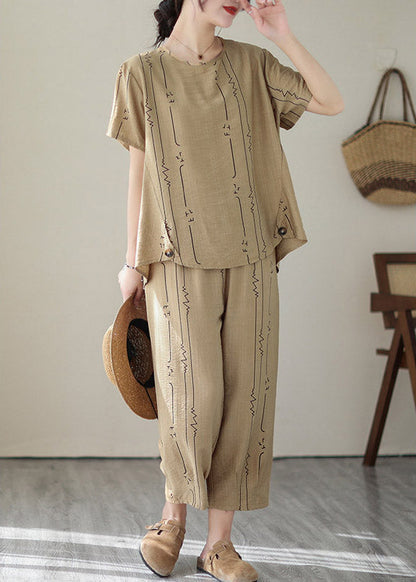 Art Khaki O-neck Print Top and Lantern Pants Two Pieces Set Summer