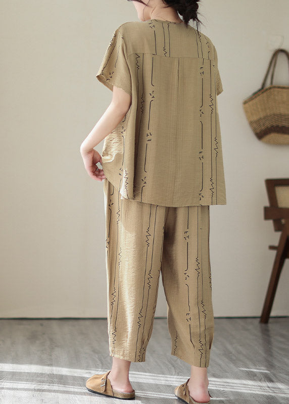 Art Khaki O-neck Print Top and Lantern Pants Two Pieces Set Summer