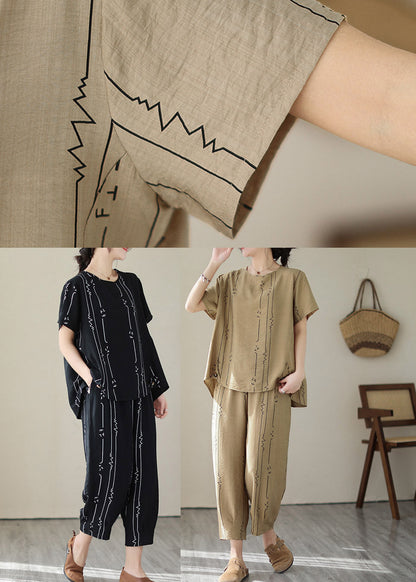 Art Khaki O-neck Print Top and Lantern Pants Two Pieces Set Summer