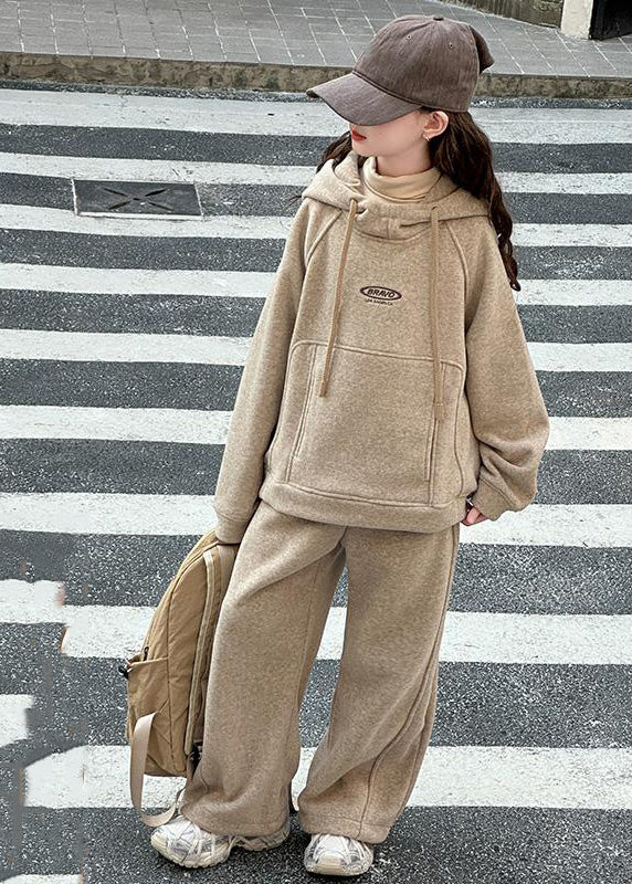 Art Khaki Patchwork Thick Hooded Kids Sweatshirt and Wide Leg Pants Two Piece Set Spring