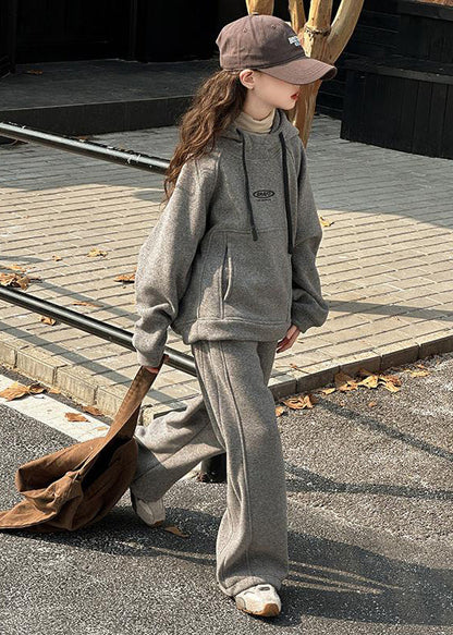 Art Khaki Patchwork Thick Hooded Kids Sweatshirt and Wide Leg Pants Two Piece Set Spring