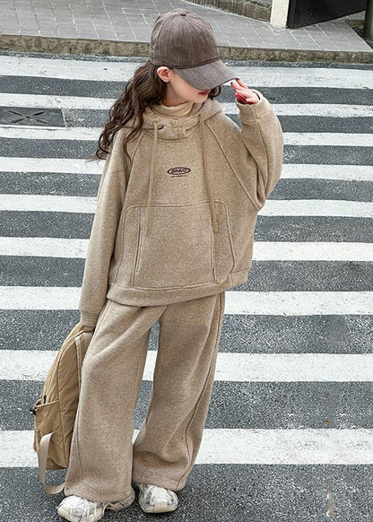 Art Khaki Patchwork Thick Hooded Kids Sweatshirt and Wide Leg Pants Two Piece Set Spring