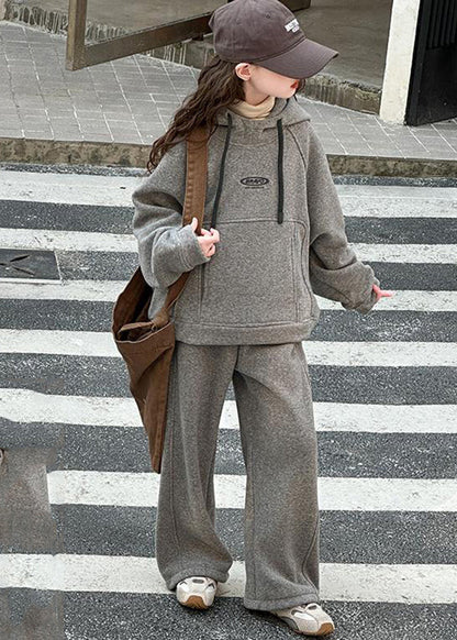 Art Khaki Patchwork Thick Hooded Kids Sweatshirt and Wide Leg Pants Two Piece Set Spring