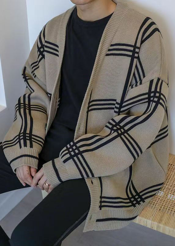 Art Khaki Plaid Button Knit Cardigans Spring