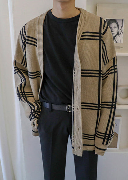 Art Khaki Plaid Button Knit Cardigans Spring