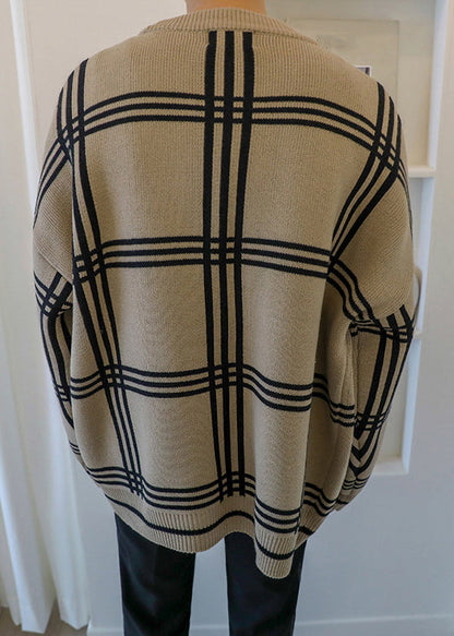 Art Khaki Plaid Button Knit Cardigans Spring