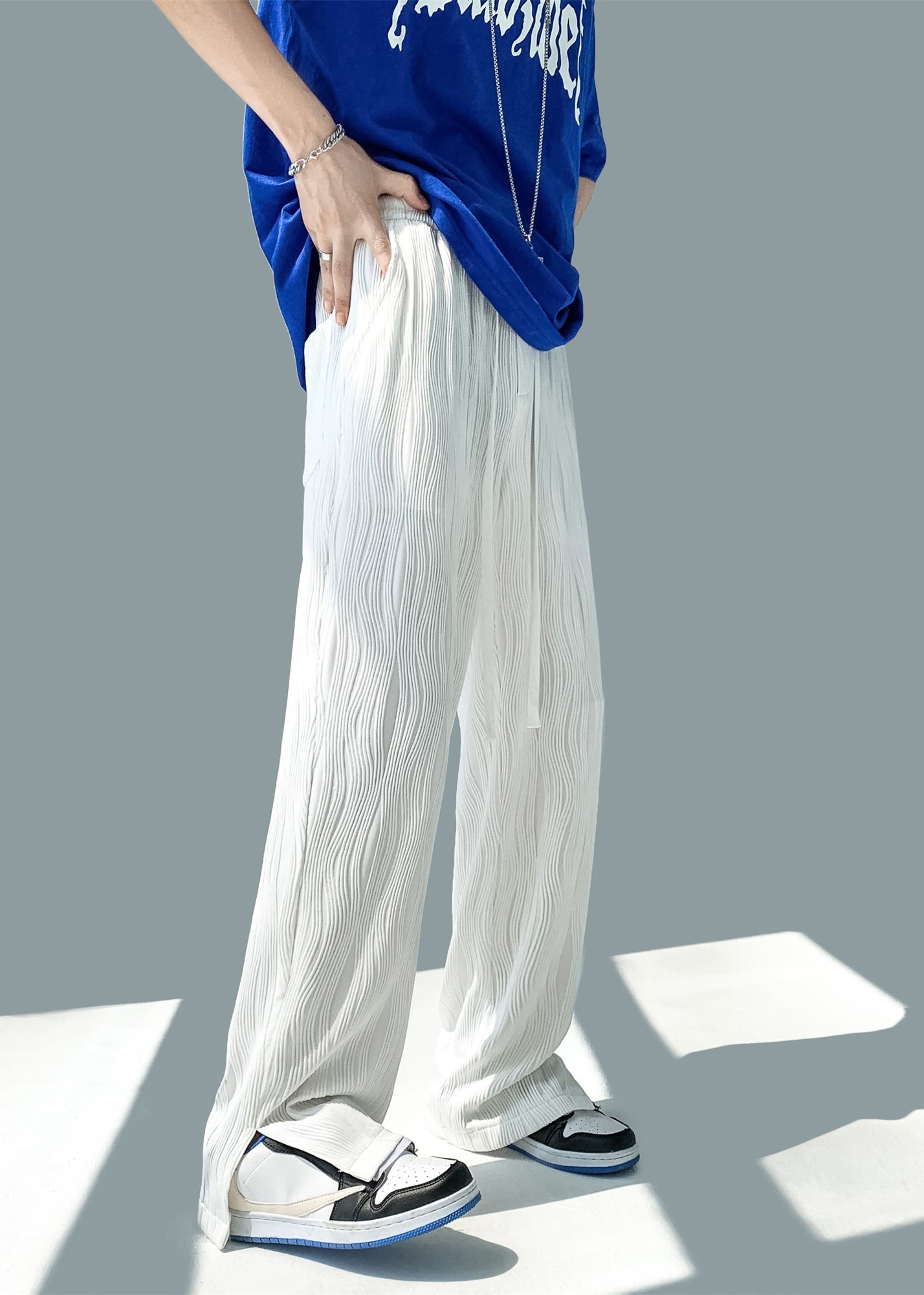 Art Khaki Pockets Wrinkled Side Open Ice Silk Pants Summer