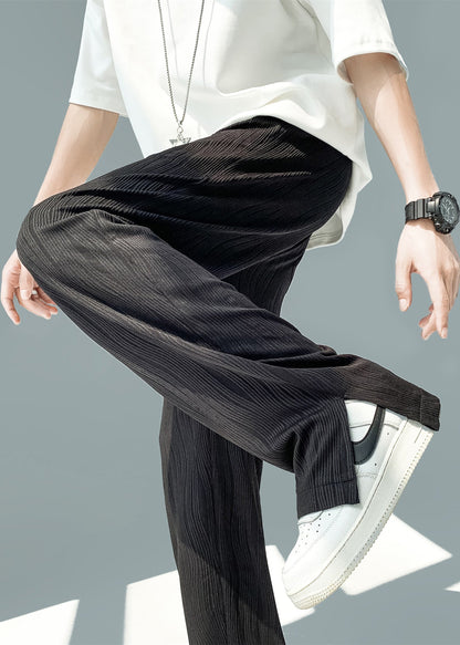 Art Khaki Pockets Wrinkled Side Open Ice Silk Pants Summer