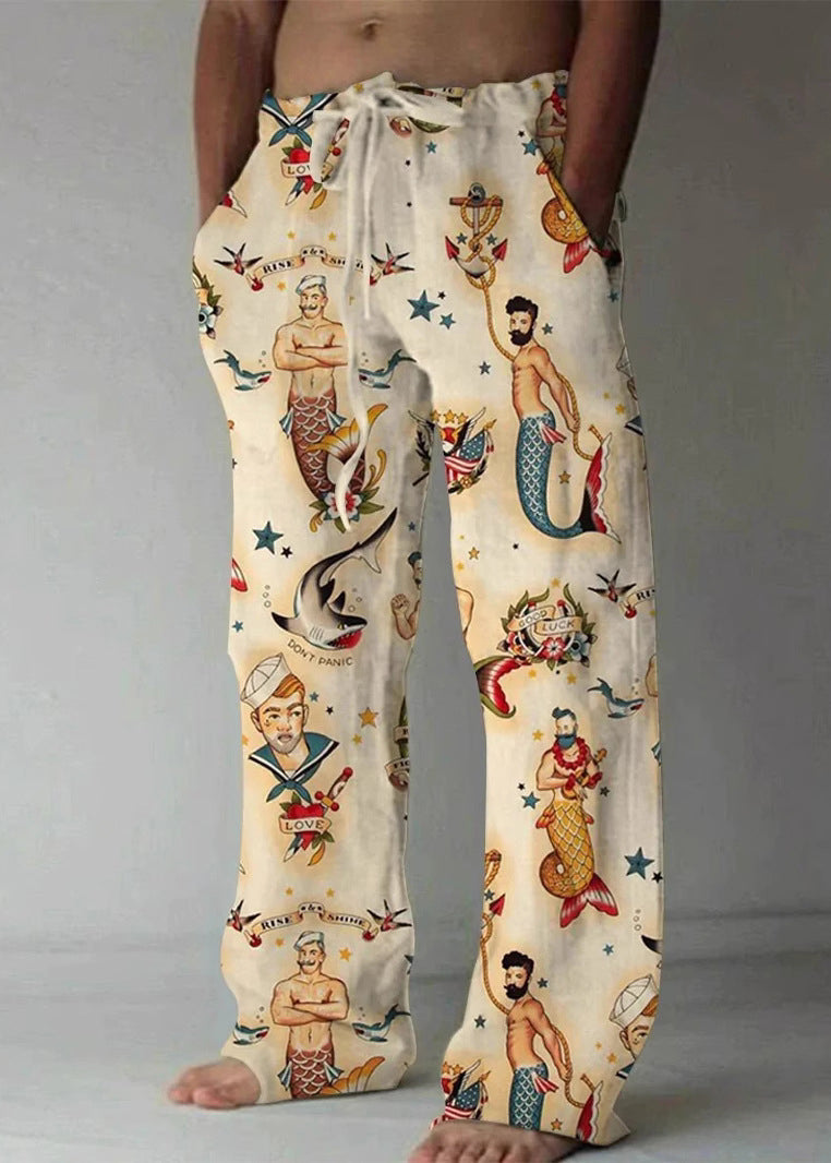 Art Khaki Print Pockets Elastic Waist Cotton Pants Summer