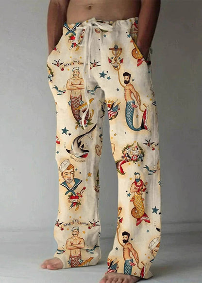 Art Khaki Print Pockets Elastic Waist Cotton Pants Summer
