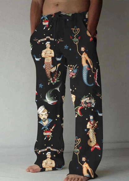 Art Khaki Print Pockets Elastic Waist Cotton Pants Summer