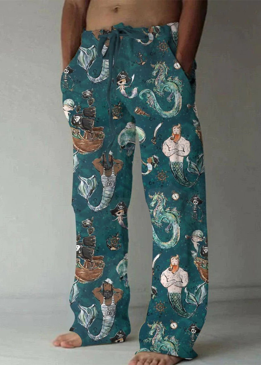 Art Khaki Print Pockets Elastic Waist Cotton Pants Summer