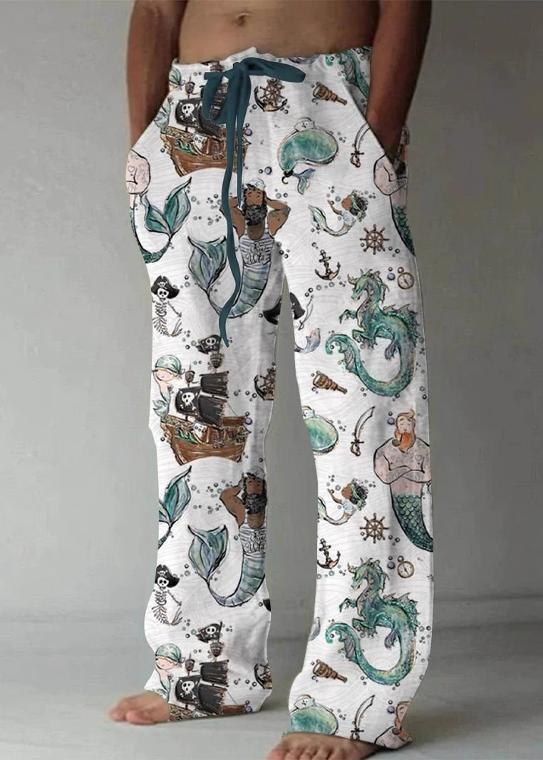 Art Khaki Print Pockets Elastic Waist Cotton Pants Summer