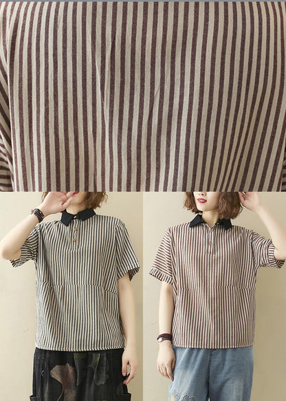 Art Khaki Striped Patchwork Linen Summer Top