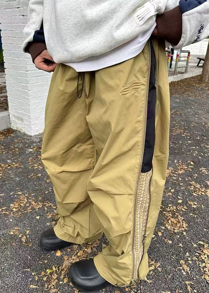 Art Khaki Wrinkled Drawstring Patchwork Cotton Pants Summer