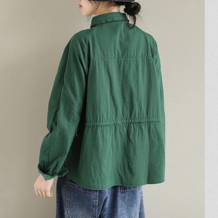 Art Lapel Button Down Spring Tops Women Pattern Green Top