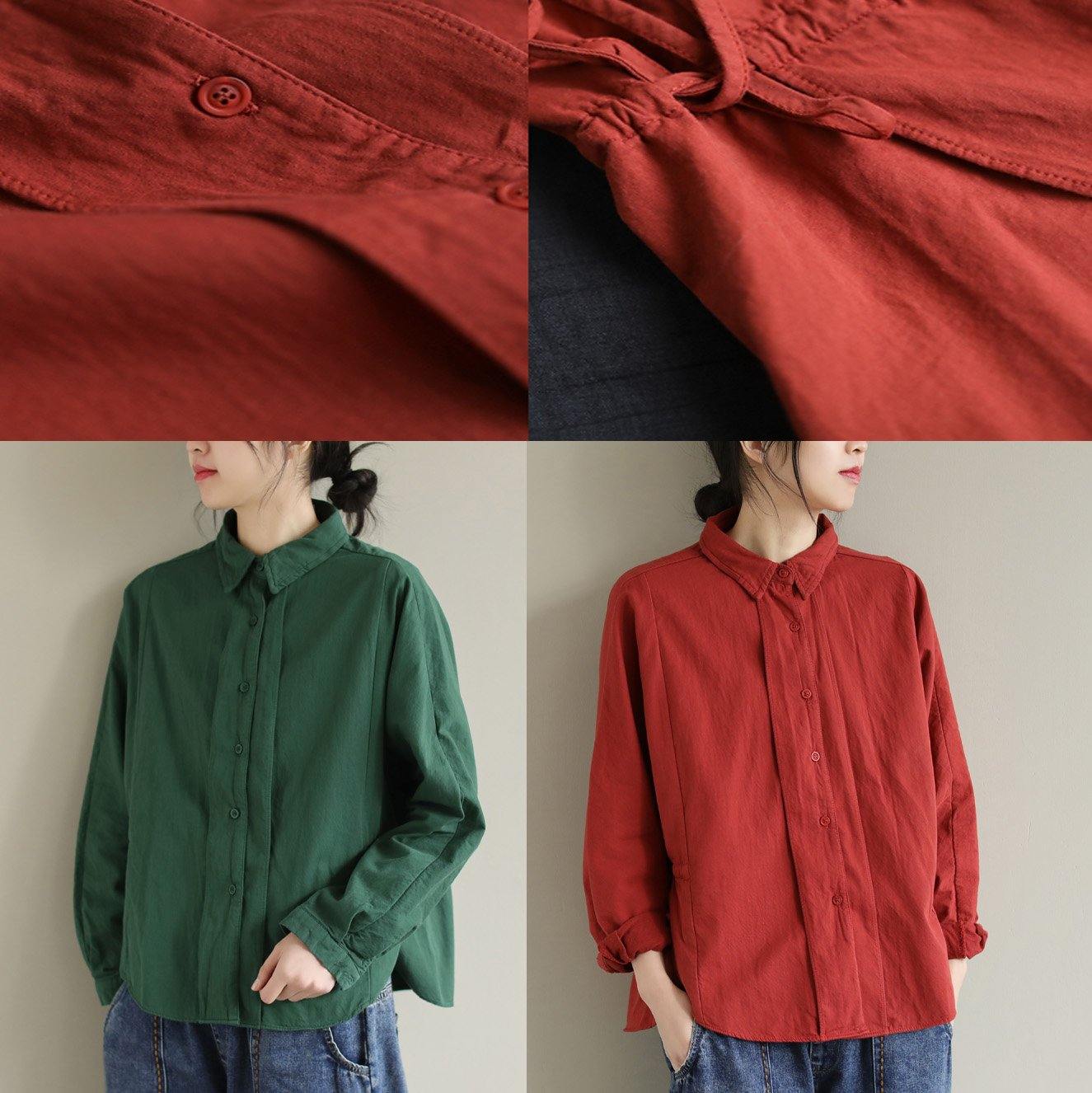 Art Lapel Button Down Spring Tops Women Pattern Green Top