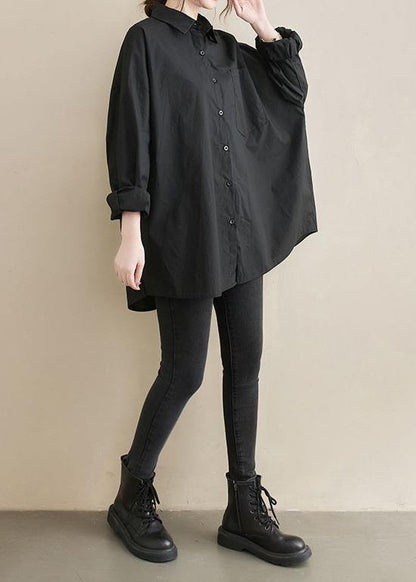 Art Lapel Pockets Spring Tunic Top Shirts Black Top