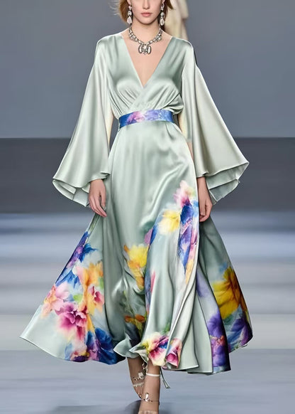 Art Light Green Exra Large Hem Silk Tunic Dress Flare Sleeve