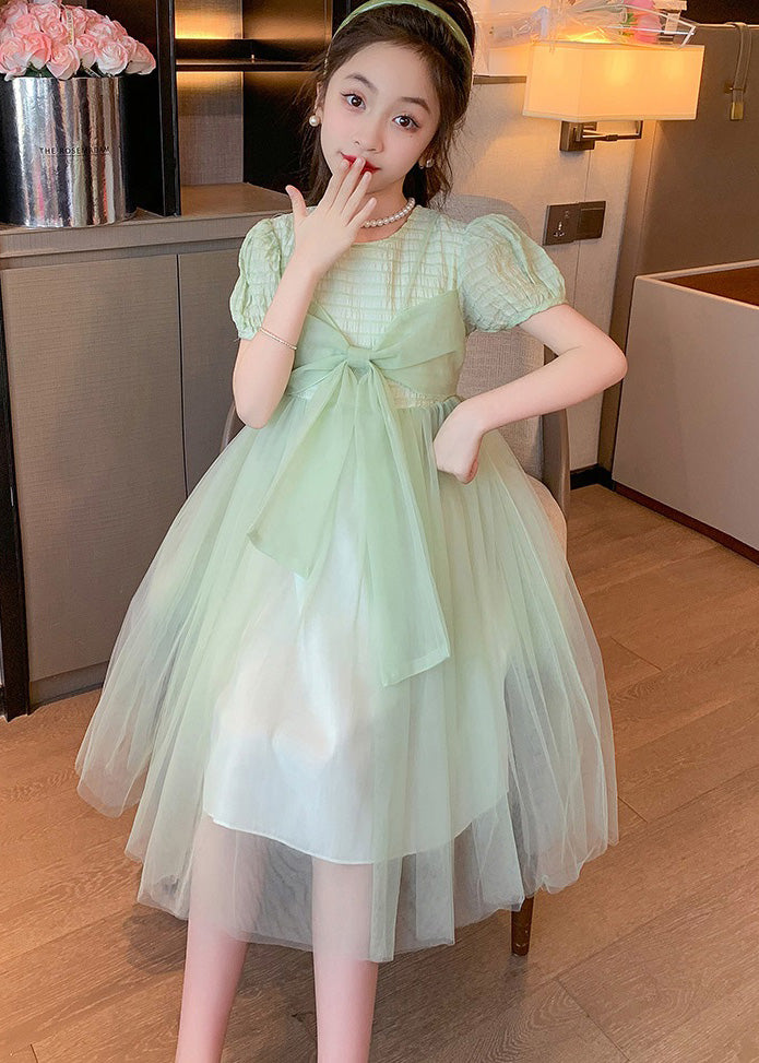 Art Light Green O-neck Bow Tulle Kids Long Dresses Summer