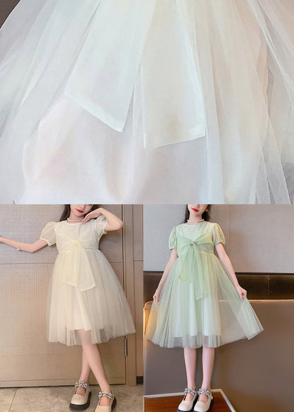 Art Light Green O-neck Bow Tulle Kids Long Dresses Summer