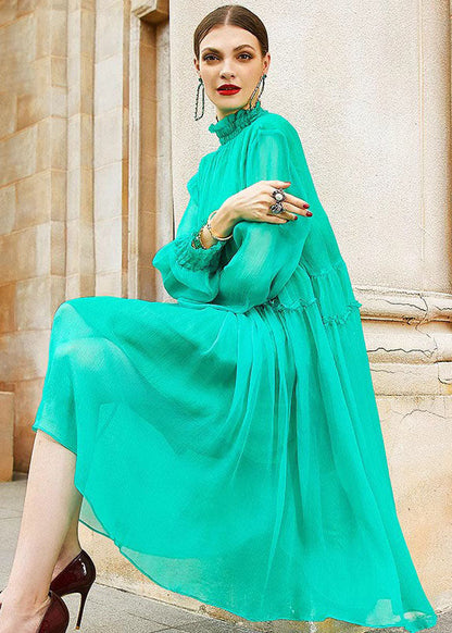 Art Light Green Turtleneck Patchwork Wrinkled Silk Mid Dress Fall