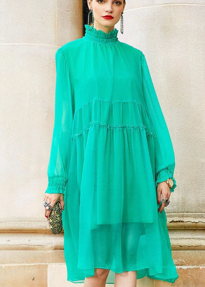 Art Light Green Turtleneck Patchwork Wrinkled Silk Mid Dress Fall
