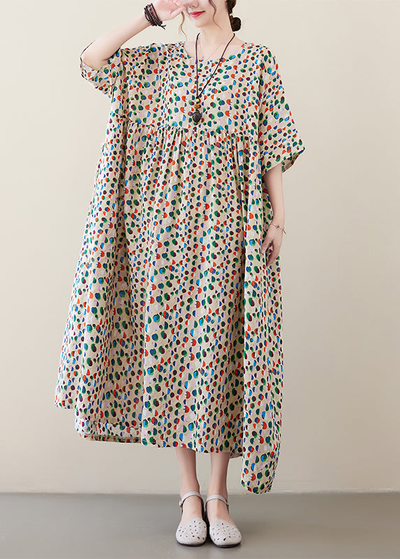 Art Light Khaki O-neck Dot Print Pockets Long Dresses Summer