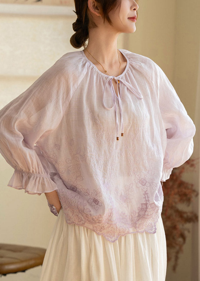 Art Light Purple Print Tie Lace Linen Top Lantern Sleeve