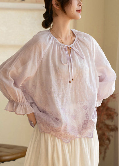 Art Light Purple Print Tie Lace Linen Top Lantern Sleeve