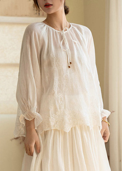 Art Light Purple Print Tie Lace Linen Top Lantern Sleeve