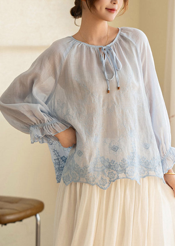 Art Light Purple Print Tie Lace Linen Top Lantern Sleeve