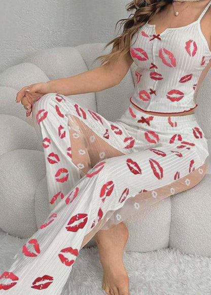 Art Light Purple Print Tulle Patchwork Vest and Trousers Two-piece Set Sleeveless