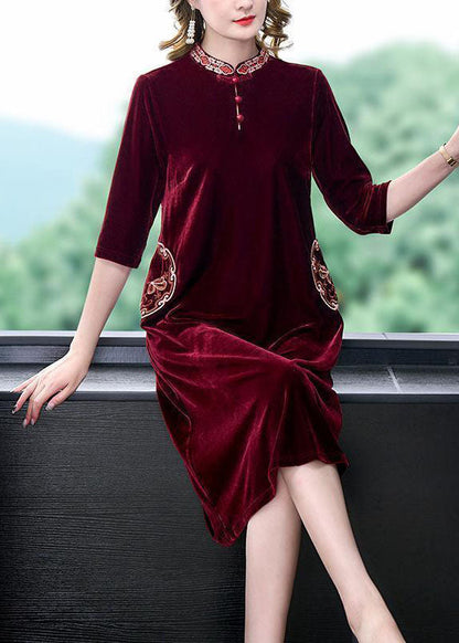 Art Mulberry Mandarin Collar Embroideried Silk Velour a Line Dress Half Sleeve