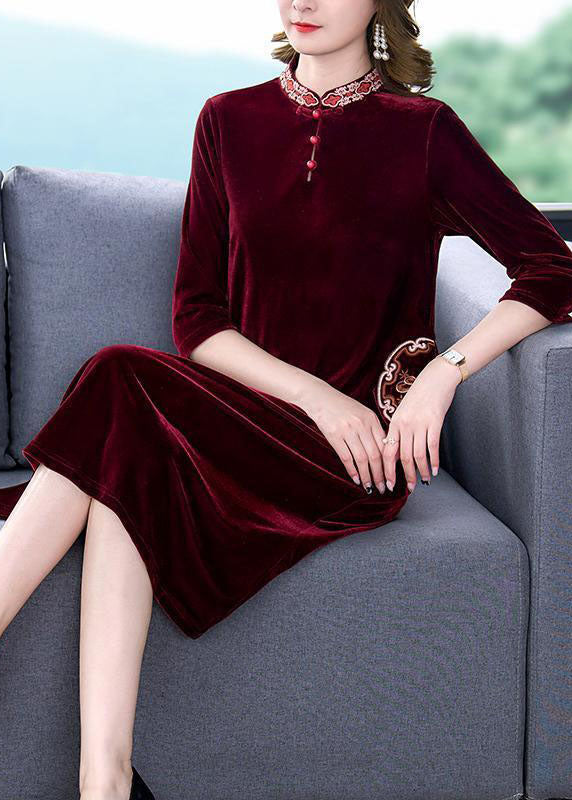 Art Mulberry Mandarin Collar Embroideried Silk Velour a Line Dress Half Sleeve